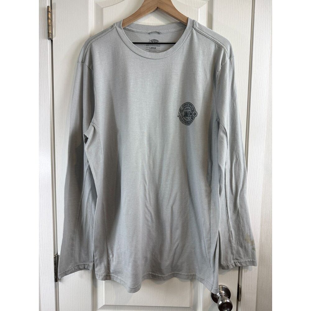 AFTCO Mens Large Gray Long Sleeve Fishing Shirt Graphic Logo Outdoor